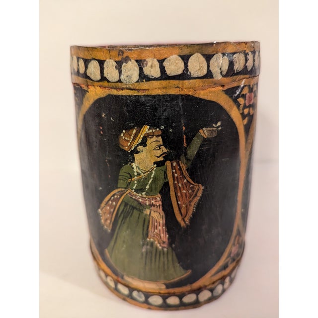 Mid-Century Modern Mid-20th Century Hand-Painted Rajasthani Wooden Vessel With Mughal Court Portraits For Sale - Image 3 of 11