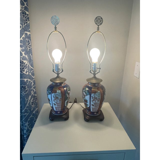 Pair of Vintage Imari Style Porcelain Lamps For Sale - Image 11 of 13