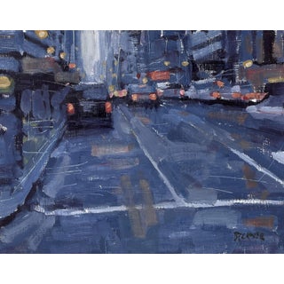 Roadway II by Jim Beckner | Oil on panel Nighttime city street with blurred lights and vehicles. For Sale