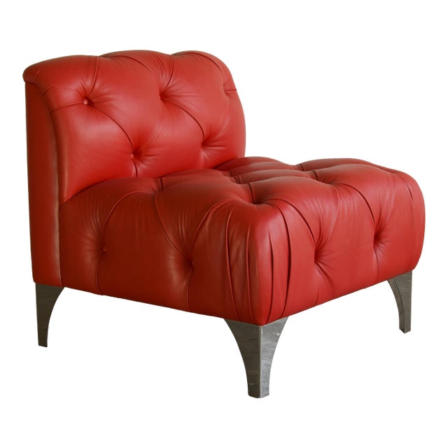 Rare Tufted Red Slipper Chair by J. Robert Scott With Chrome Legs, Late 20th Century For Sale