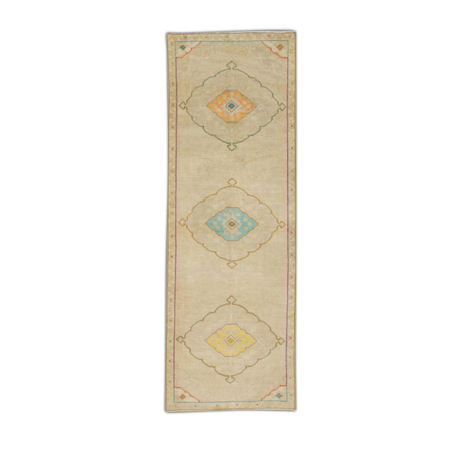 1960s Beige Multicolor Geometric Design Handwoven Wool Vintage Turkish Runner 3'4" X 9'1" For Sale In Houston - Image 6 of 6