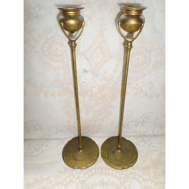 Antique Tiffany Studios Bronze Candlesticks With Gold Gilt - a Pair For Sale In Columbia, SC - Image 6 of 13