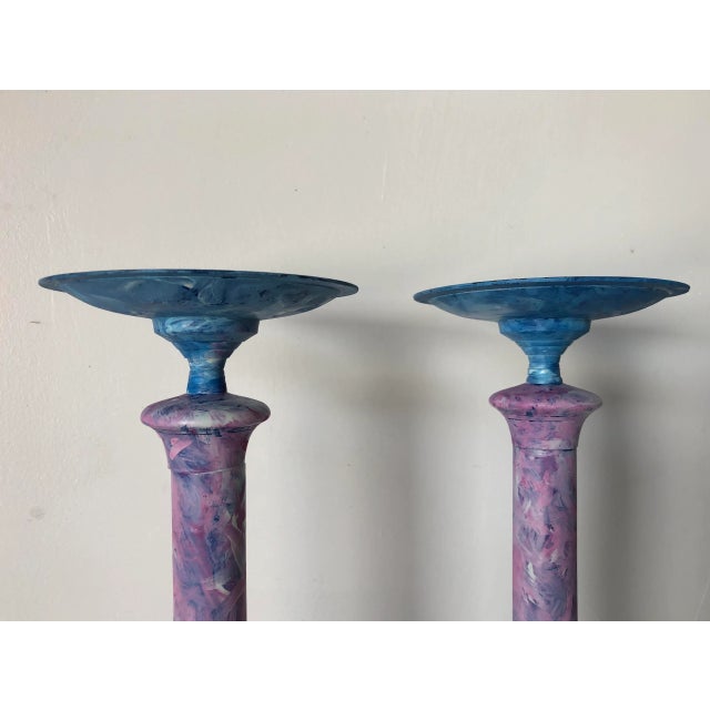 Boho Chic Bohemian Tall Garden Candle Stocks Pink and Blue 15” Pair For Sale - Image 3 of 6