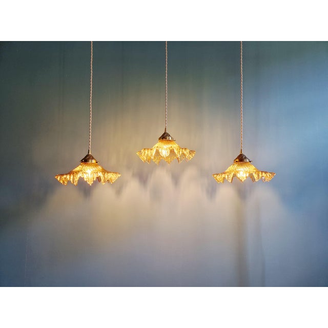 Amber-Colored Pleated Glass Pendant Lights, 1930s, Set of 3 For Sale - Image 18 of 18