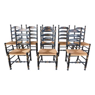 L Hitchcock Harvest Stenciled Black Ladder Back Rush Bottom Dining Chairs - Set of 8 For Sale