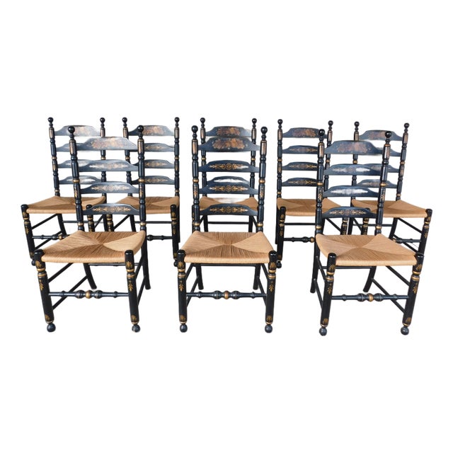 L Hitchcock Harvest Stenciled Black Ladder Back Rush Bottom Dining Chairs - Set of 8 For Sale