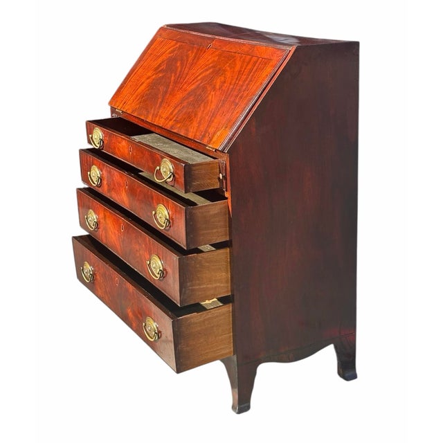 Antique George III Figured Mahogany Slant Lid Writing Desk With Rare Brass Pulls For Sale - Image 11 of 12