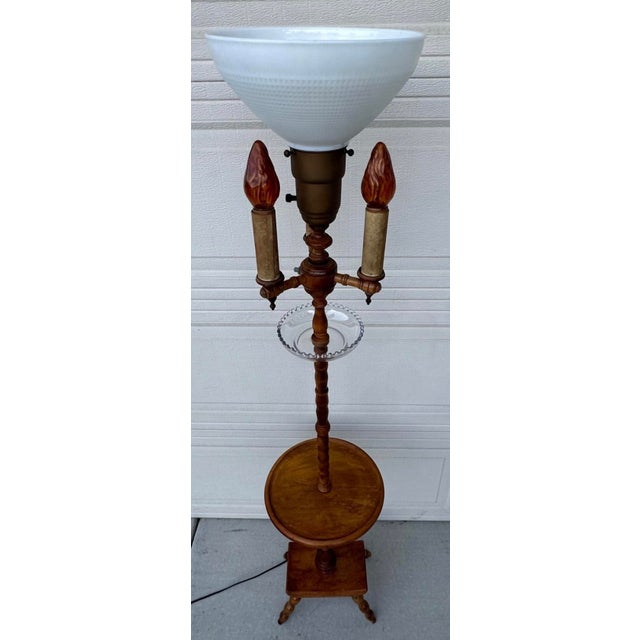 Authentic Antique Maple Floor Lamp With Built-in Table & Glass Gallery Tray 61" For Sale - Image 10 of 16