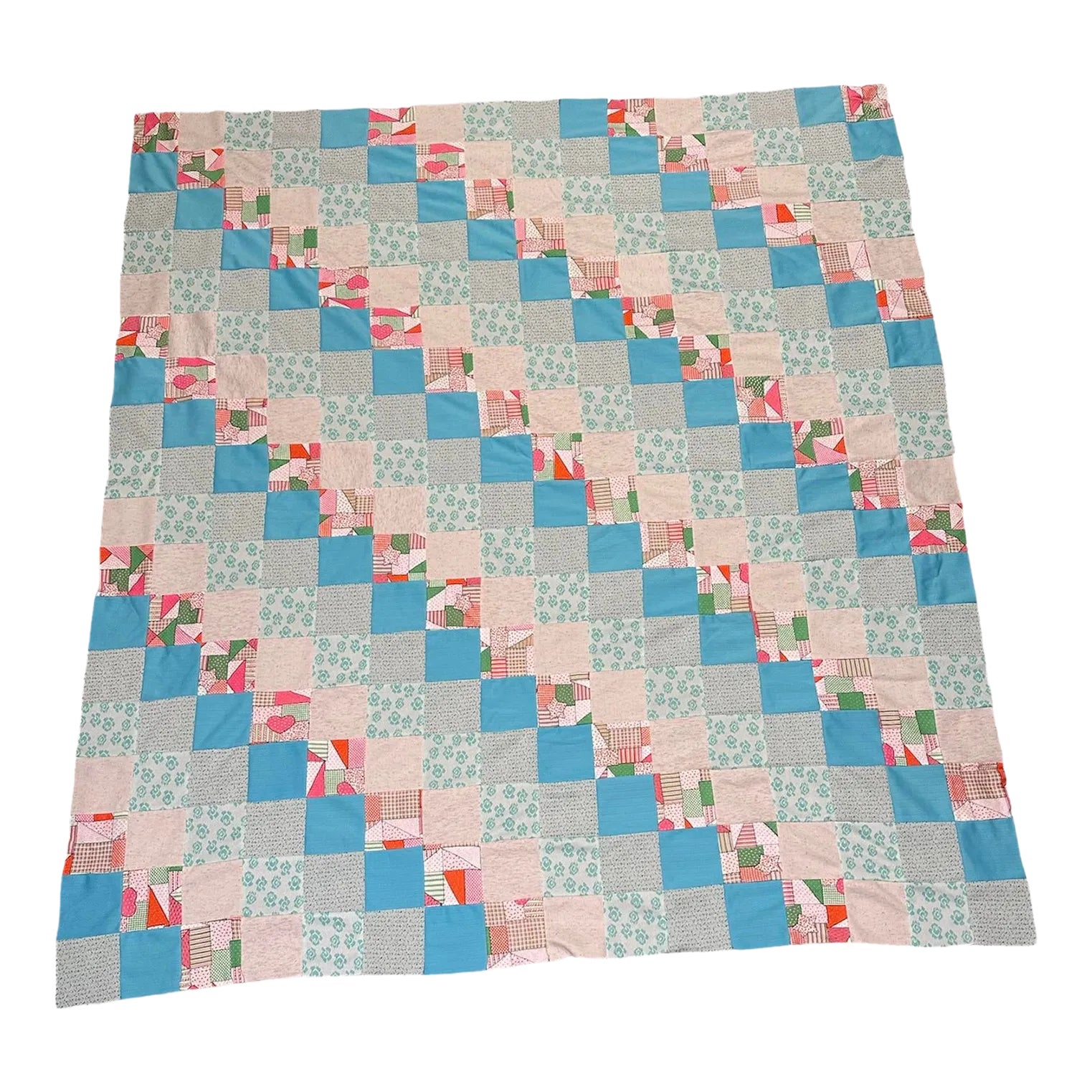 Vintage Mid 20th Century Knit Fabric Blues Pinks Quilt Top