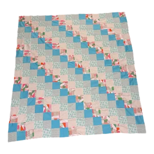 Vintage Mid 20th Century Knit Fabric Blues Pinks Quilt Top Only