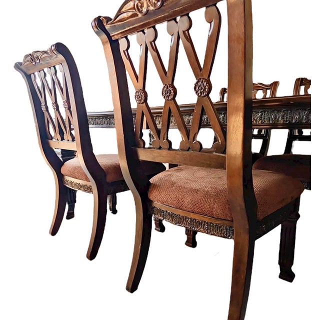 Brown Elegant Intricate Carved Wood Dinning Room Table Set Including 6 Chairs & 2 Additional Leaves For Sale - Image 8 of 9