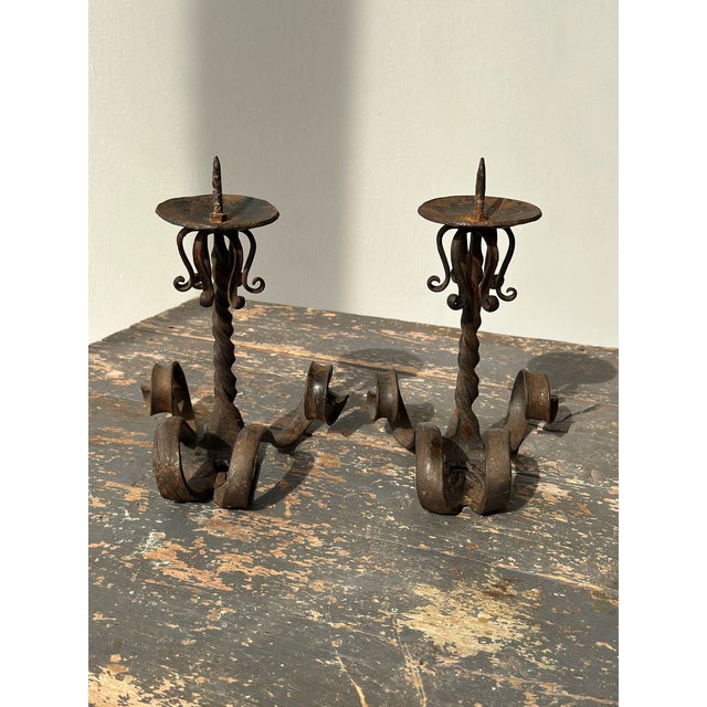 Vintage Wrought Iron Scrolling Candleholders, a Pair, Circa Mid-20th Century For Sale - Image 15 of 18
