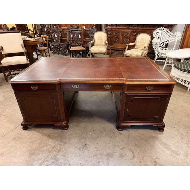 Chippendale Mid-20th Century Chippendale Style Mahogany Partners Executive Desk With Embossed Leather Top, Circa 1950s For Sale - Image 3 of 18