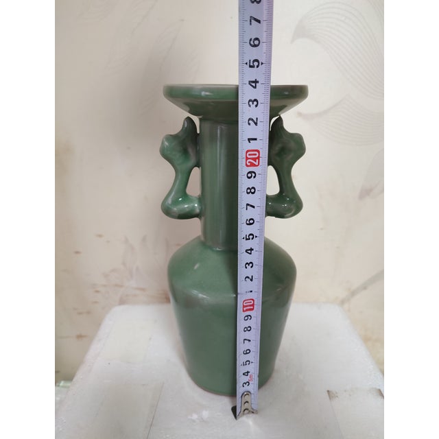 Ceramic Chinese Ceramic Vase Longquan Ware Celadon Vase Hand Carved Double Dragon Ears For Sale - Image 7 of 11