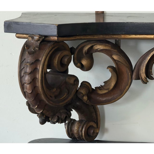 Antique Monumental Baroque Style Giltwood Console Table With Ebonized Top, 74.5” For Sale - Image 10 of 12