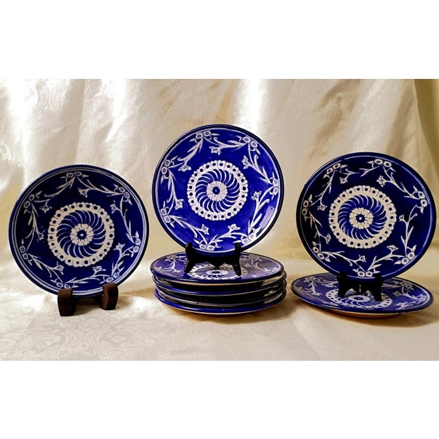 Traditional Set of 8 Le Souk Tunisia Salad Plates Cobalt Blue and White Hand Painted Plates Decorative Dinner Table Chargers or Gallery Wall Collection For Sale - Image 3 of 7