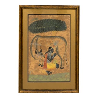 Antique 19th Century Indian Kalighat Painting of Krishna Milking Cow, Framed For Sale