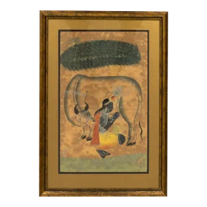 Antique 19th Century Indian Kalighat Painting of Krishna Milking Cow, Framed