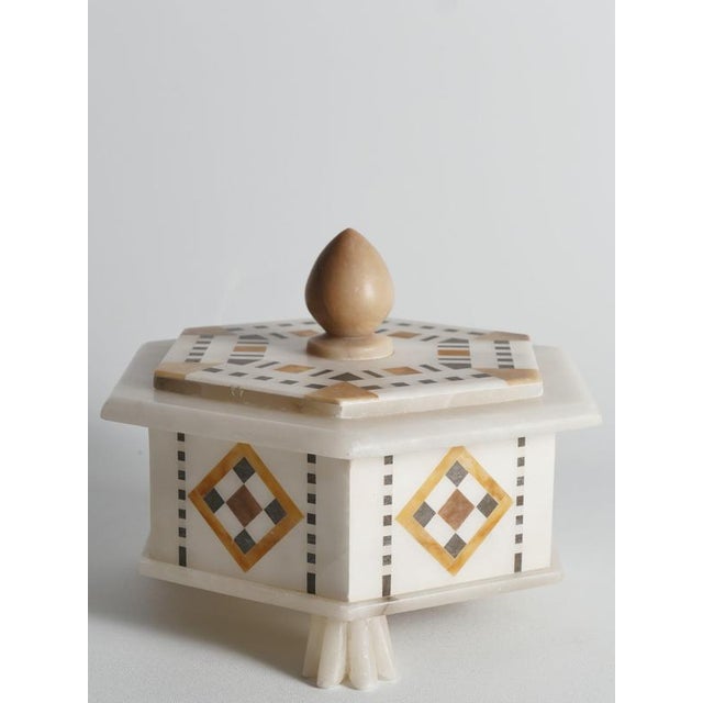 Gold Italian Pietra Dura and Alabaster Inlay Hexagonal Box For Sale - Image 8 of 18