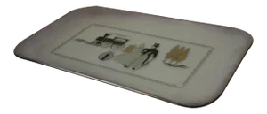 Mid-Century Large Iridescent Clear Glass Tray Black & Gold Victorian Scene