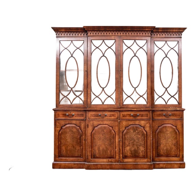 Antique Georgian Style Burl Wood Breakfront Cabinet For Sale