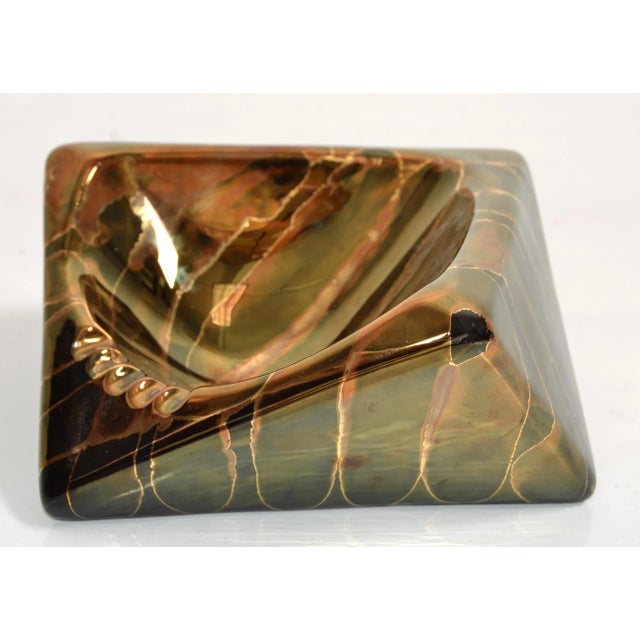 Op Art 1970s Raymor Style Vintage Bronze Black Gold Glazed Ceramic Asymmetric Ashtray Italy For Sale - Image 3 of 12