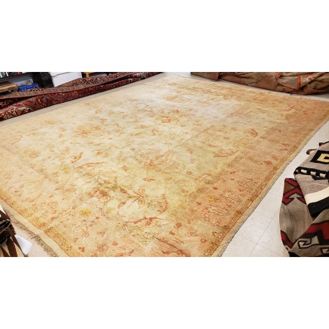 Antique Oushak Carpet, Oriental Rug, Handmade Ivory, Muted Shrimp, Soft Coral For Sale - Image 4 of 14