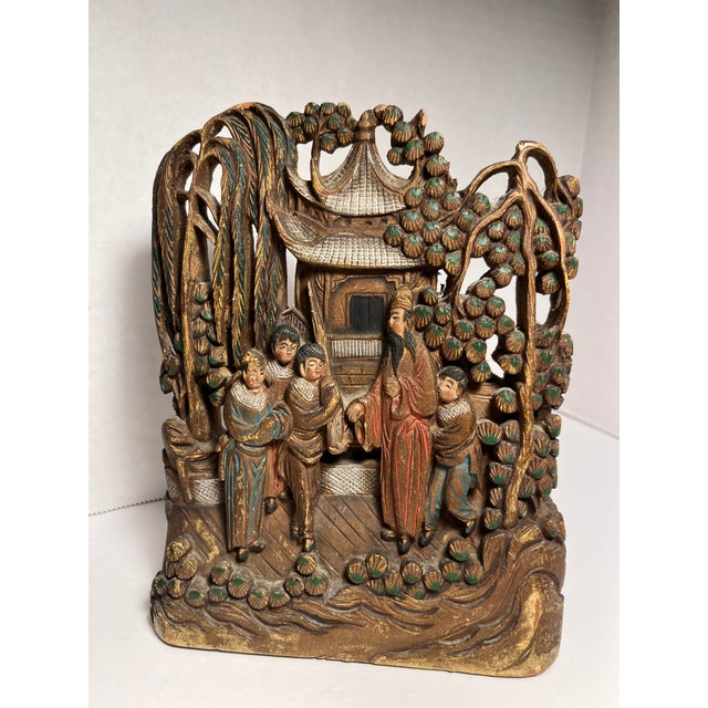 A Pair of Antique Late Qing Dynasty Chinese Handcarved Wood Bookends Aprox. dimensions: 7"H x 5.5"W x 2"D Good antique...