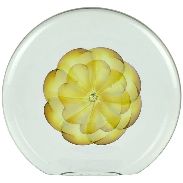 Glass Artist Signed Vintage Opalescent Golden Yellow Double Floral Design Studio Art Glass Paperweight For Sale - Image 7 of 7