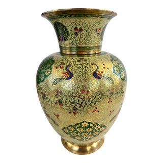 Vintage Brass Chinoiserie Cloisonné Green and Blue Peacock Vase For Sale