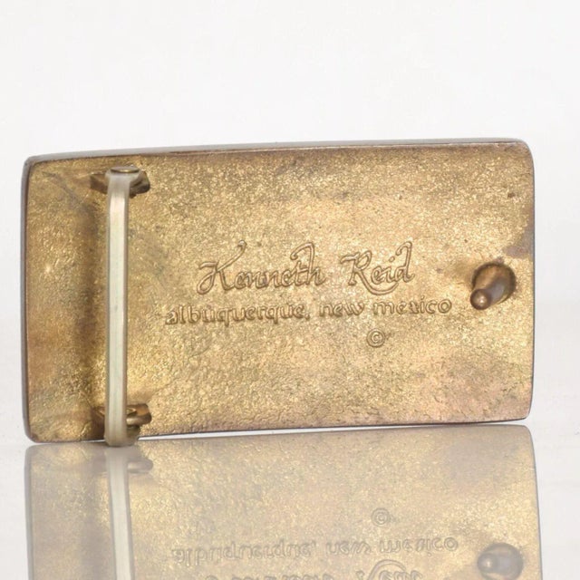 1970s 1970s Kenneth Reid New Mexico Brass and Wood Stripe Belt Buckle For Sale - Image 5 of 9
