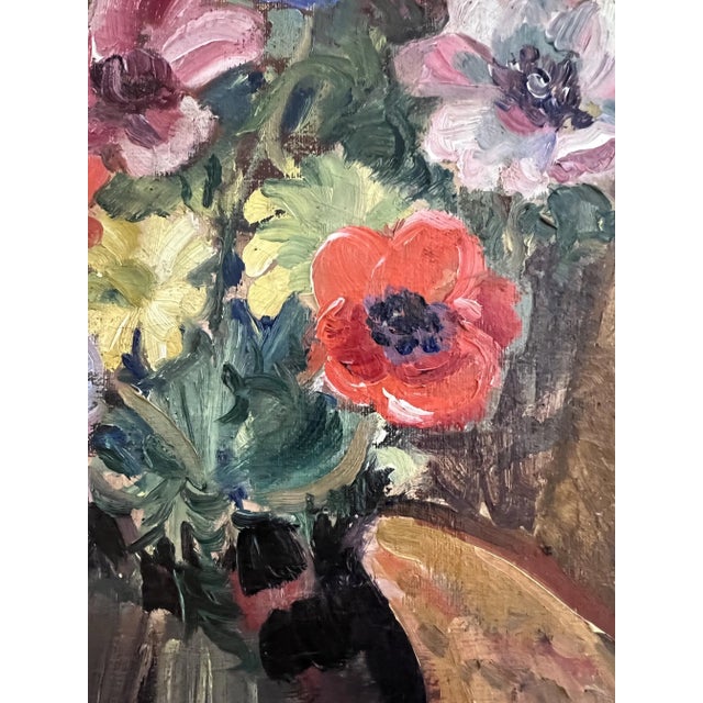 Charles Beer, Bouquet of Flowers in Vase on an Armchair, 1920s, Oil on Canvas For Sale - Image 6 of 10