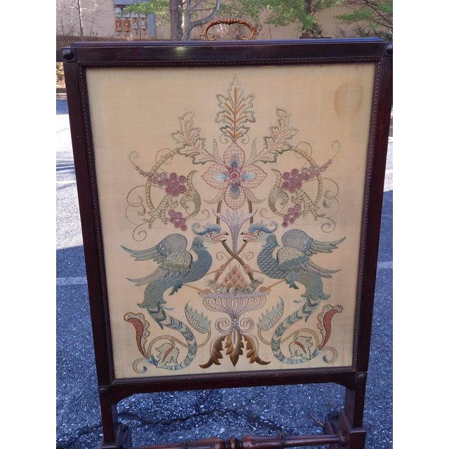 19th Century Victorian Carved Walnut and Embroidered Silk Rolling Fireplace Screen For Sale - Image 13 of 13