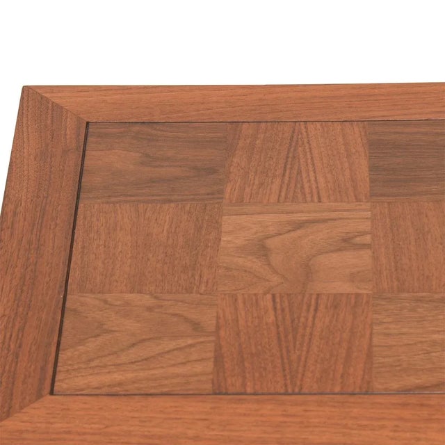 - This square walnut table top has a marquetry center surrounded by a walnut frame - The marquetry is squares of walnut...