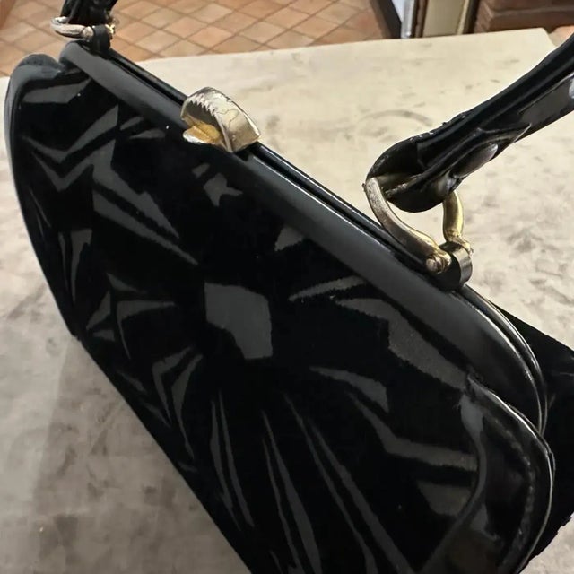 Black 1950s Art Deco Black Velvet Italian Top Handle Bag For Sale - Image 8 of 13