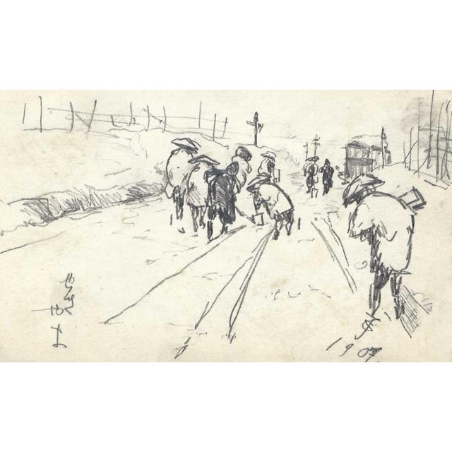 Drawing of workers in Japan by a Japanese artist. This page is signed by the artist Shirosu and dated 1907. . Combined...