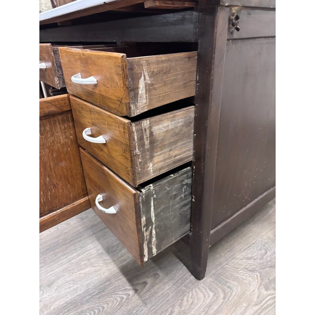 Wood Antique Hoosier Style Farmhouse Cabinet With Glass Doors and Enamel Worktop For Sale - Image 7 of 11