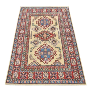 Kazak Rug 4′ X 5’11” Beige Wool Tribal Hand-Knotted Oriental Carpet