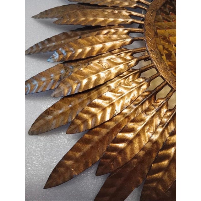 1950s Large Spanish Crown Sunburst Fixture in Gilt Metal Curve Glass, 1950 For Sale - Image 5 of 8