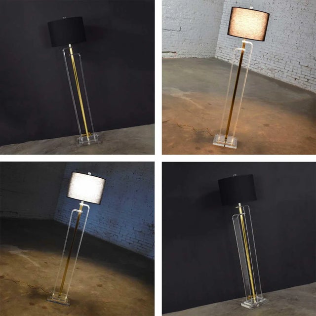 Vintage Mid-Century Modern Art Deco or Hollywood Regency Floor Lamp Lucite and Brass Plate Black Shade For Sale - Image 9 of 17