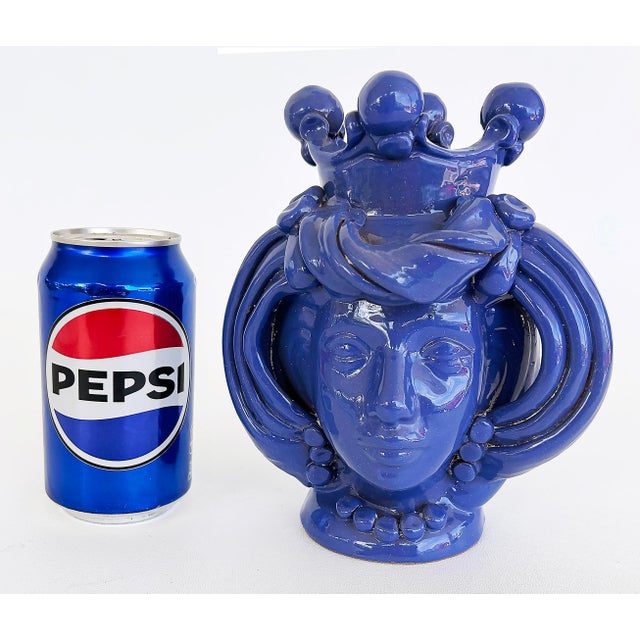 Sicilian Caltagirone Blue Glazed Ceramic Pottery Figurative Vase, Signed Offered for sale is a blue Sicilian Moorish Head...