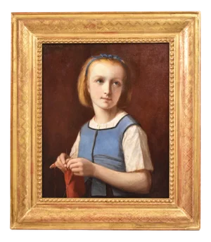 French Artist, Portrait of Girl Sewing, 1860, Oil on Canvas, Framed