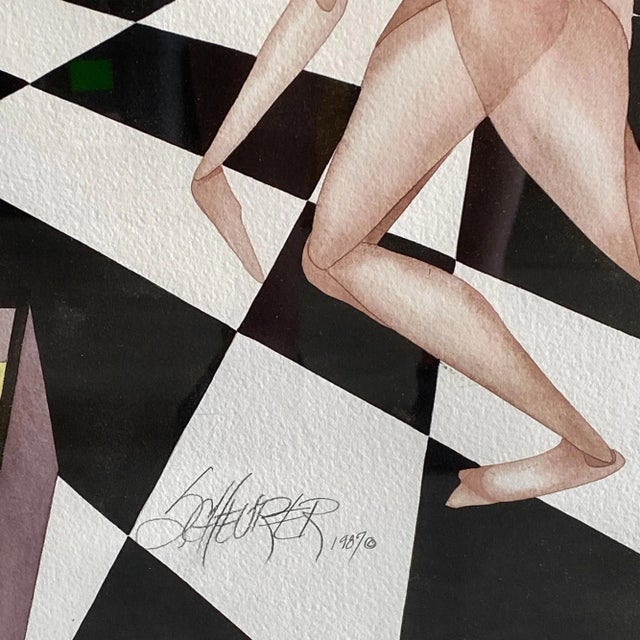 1987 Surrealist Watercolor Painting Signed Scheurer For Sale - Image 4 of 5