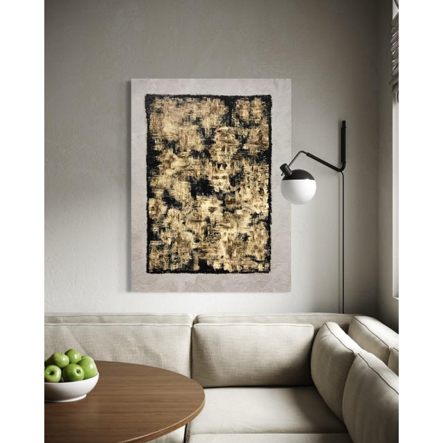 Original abstract painting by J. Kent Martin featuring stark black contrasts against raw gold and neutral tones. Contempt...
