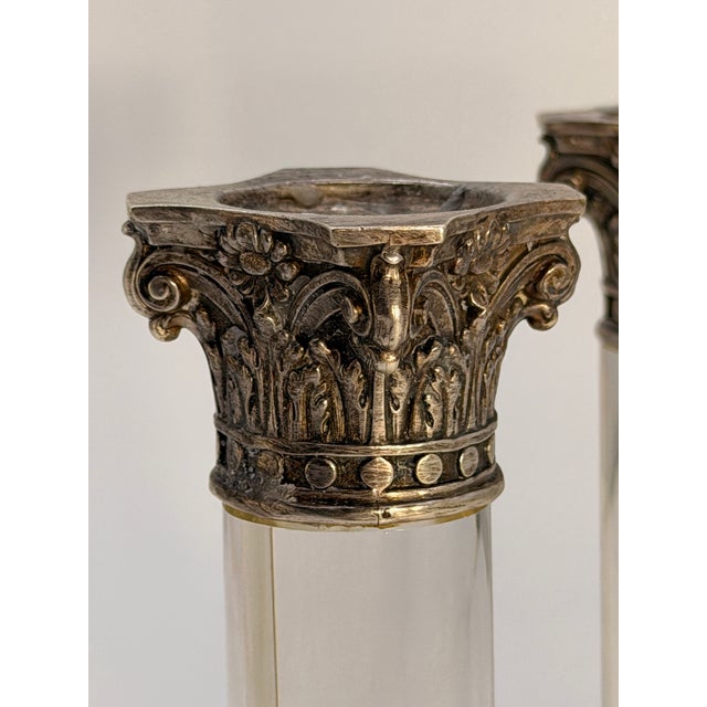 Traditional Pair of Vintage Crystal and Silver-Plated Column Candlesticks For Sale - Image 3 of 7