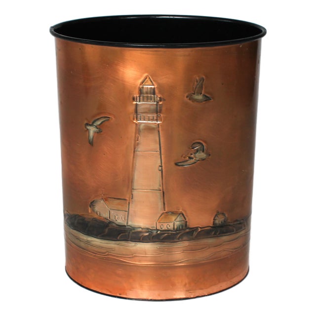 Vintage Nautical Lighthouse Copper Wrapped Wastebasket For Sale