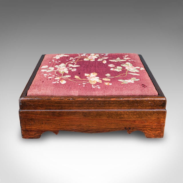 Traditional Antique Upholstered Footstool, English, Pitch Pine, Fireside Stool, Edwardian For Sale - Image 3 of 9
