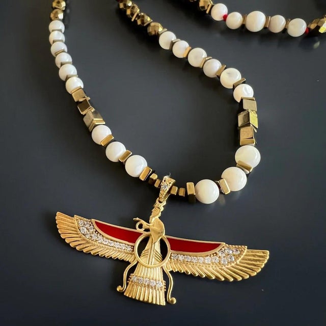 Contemporary Spiritual Guidance Faravahar Pendant White Beaded Necklace For Sale - Image 3 of 7