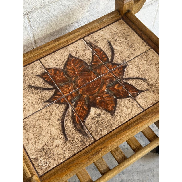 Vintage Danish Oak Bar Cart Tea Trolley With Ceramic Tile Top Mid Century Modern For Sale - Image 4 of 10