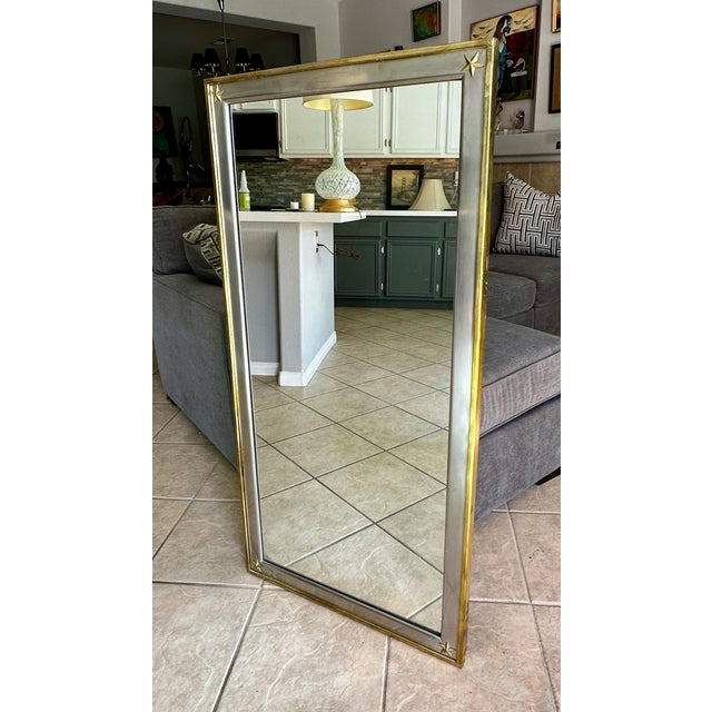 French Directoire Style Brushed Steel and Brass Wall Mirror Star Accents For Sale - Image 4 of 18